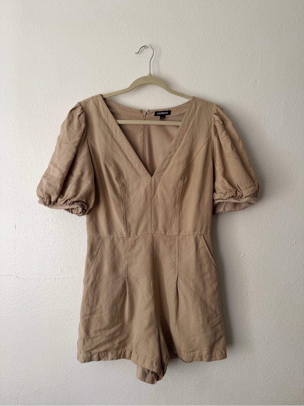 Express Tan Puff Sleeve V-Neck Mini Romper